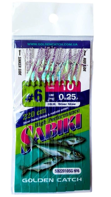 Самодур GOLDEN CATCH SABIKI SB14006SG № 6 (10 гачків), сріблястий/фіолет люрікс (ставрида, скумбрія, сарган) - Фото 2 Самодур GOLDEN CATCH SABIKI SB14006SG № 6 (10 гачків), сріблястий/фіолет люрікс (ставрида, скумбрія, сарган) - зображення 2