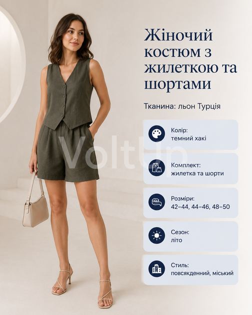 Жіночий лляний костюм з жилеткою та шортами хакі — літній комплект із льону Турція розмір 48-50 - зображення 2