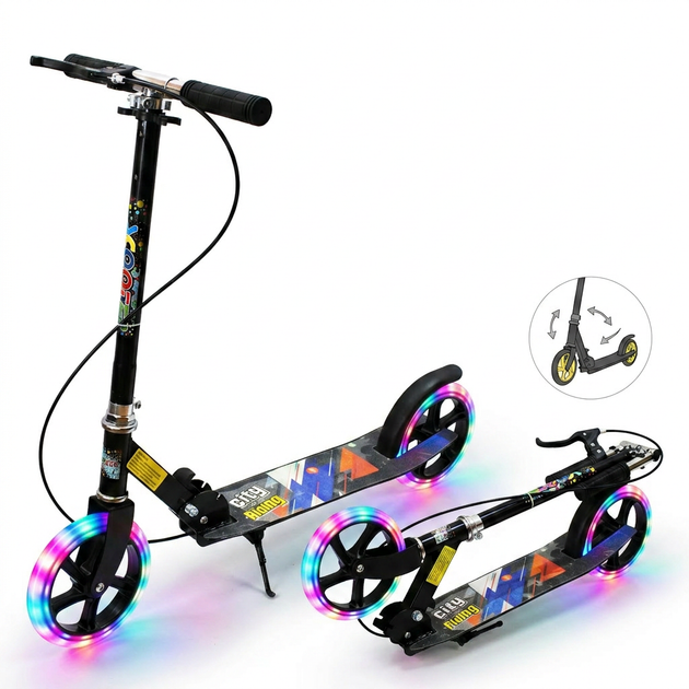 Самокат двухколесный складной со светящимися LED колесами 200 мм Scooter City Riding 671-2 Black-Yellow-Multicolor - зображення 2