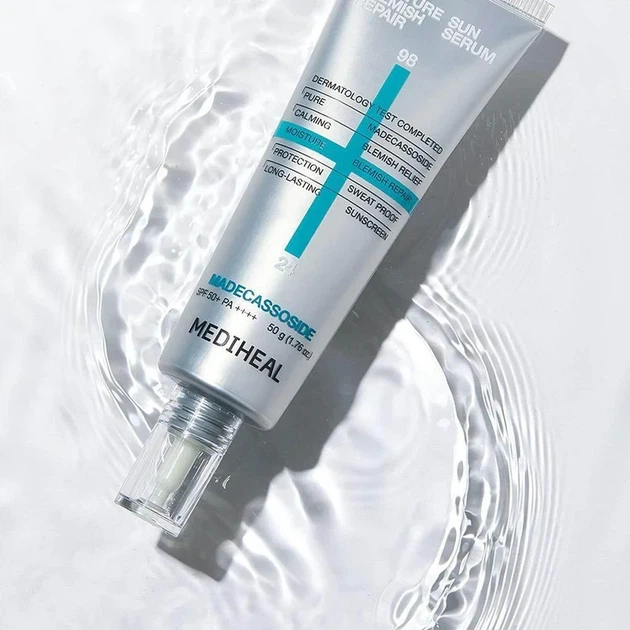 Сонцезахисна сироватка MEDIHEAL Madecassoside Moisture Blemish Repair Sun Serum SPF50+ 50 g — захист від сонця, зволоження та відн - изображение 2