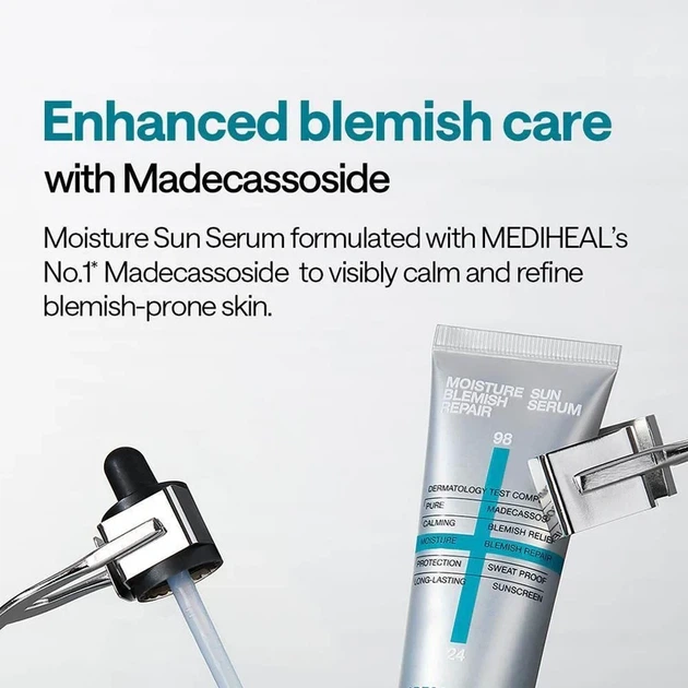 Сонцезахисна сироватка MEDIHEAL Madecassoside Moisture Blemish Repair Sun Serum SPF50+ 50 g — захист від сонця, зволоження та відн - изображение 3