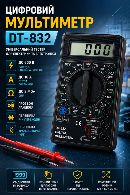 Цифровой мультиметр DT-832 универсальный тестер напряжения и сопротивления - изображение 2
