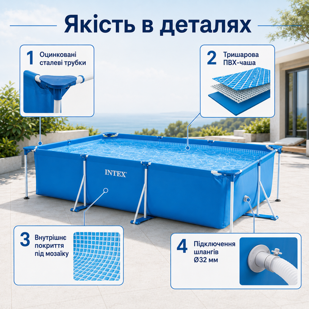 Каркасный бассейн Intex Small Frame 450×220×84 см 7127 л прямоугольный сборный бассейн с картриджным фильтр-насосом 2006 л/ч - изображение 3