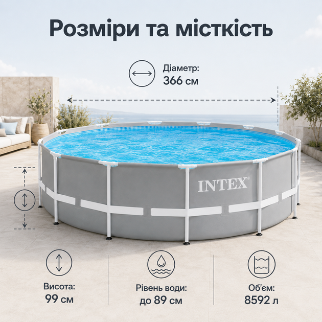Каркасный бассейн Intex Prism Frame 366×99 см 8592 л круглый сборный бассейн с картриджным фильтр-насосом 2006 л/ч и лестницей - изображение 3