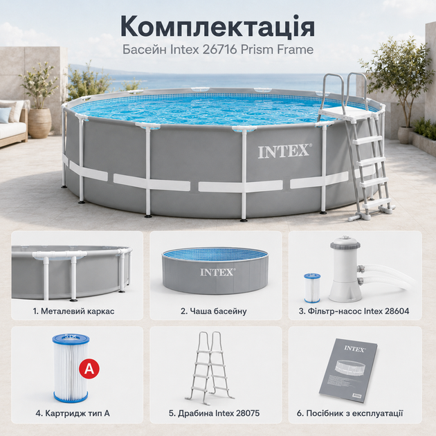 Каркасный бассейн Intex Prism Frame 366×99 см 8592 л круглый сборный бассейн с картриджным фильтр-насосом 2006 л/ч и лестницей - изображение 5