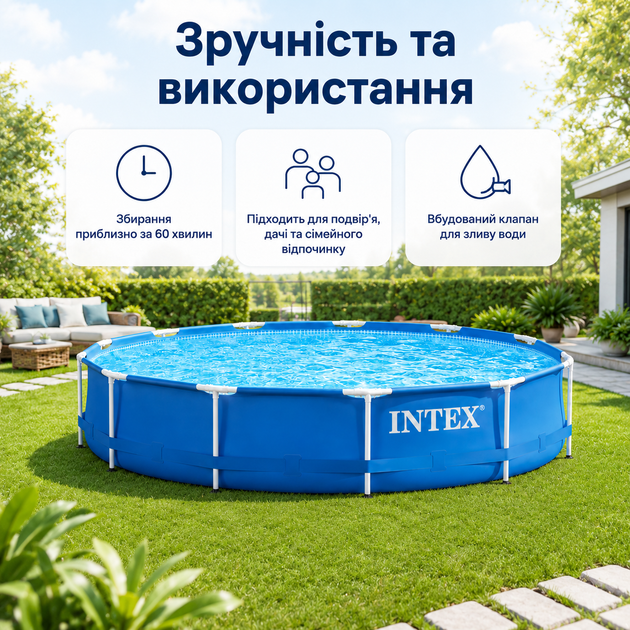 Каркасный бассейн Intex Metal Frame 366×76 см 6503 л круглый сборный садовый бассейн с трехслойной ПВХ-чашей для двора и дачи - изображение 4