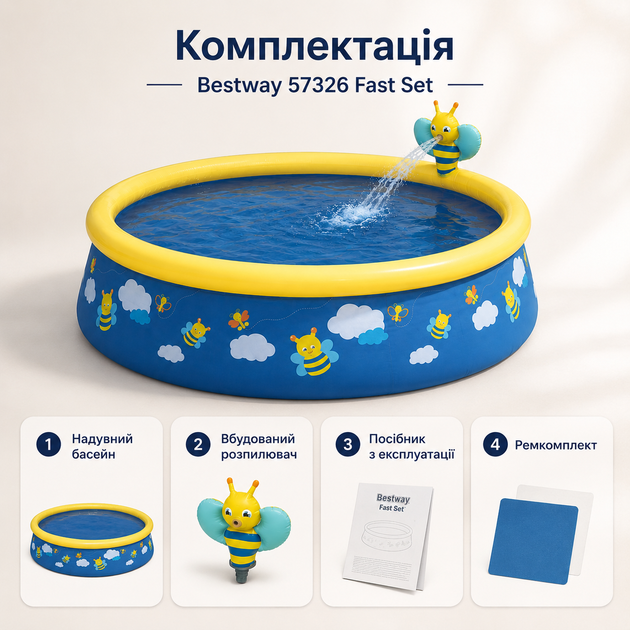 Надувной бассейн Bestway Fast Set 152×38 см 434 л круглый детский бассейн с водяным душем-распылителем для двора и дачи - изображение 5