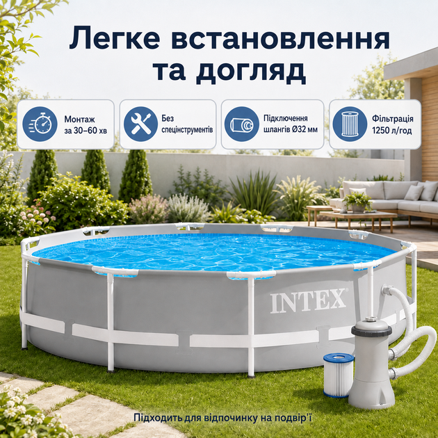 Каркасний басейн Intex Prism Frame 305×76 см 4485 л круглий збірний басейн із картриджним фільтр-насосом 1250 л/год для двору - зображення 2