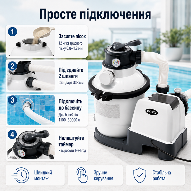 Песочный фильтр-насос Intex Krystal Clear 5700 л/ч 190W для бассейнов 1100–30000 л с загрузкой песка 12 кг и таймером - изображение 3
