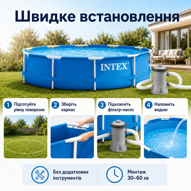 Каркасный бассейн Intex Metal Frame 305×76 см 4485 л круглый сборный бассейн с картриджным фильтр-насосом 1250 л/ч для двора - изображение 3
