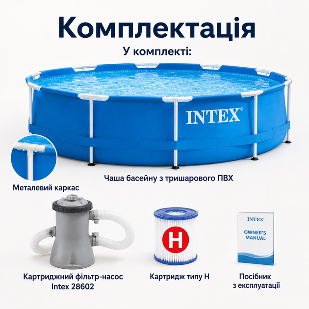 Каркасный бассейн Intex Metal Frame 305×76 см 4485 л круглый сборный бассейн с картриджным фильтр-насосом 1250 л/ч для двора - изображение 5