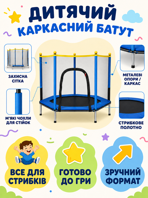 Детский каркасный батут с защитной сеткой синий шестигранный до 60 кг (49676210) - изображение 4