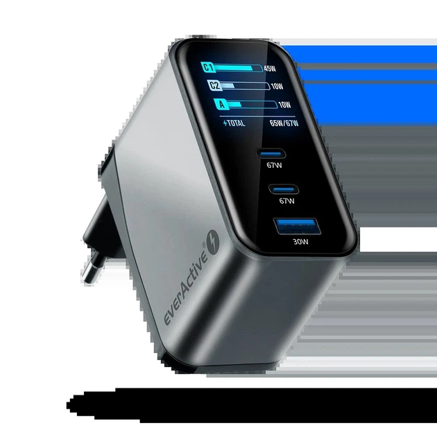 Зарядное устройство everActive GaN SC-670Q Pro, 1xUSB+2xUSB-С, QC3.0/PD/AFC/SCP 67W, LCD, AC220V, Box - Фото 4 Зарядное устройство everActive GaN SC-670Q Pro, 1xUSB+2xUSB-С, QC3.0/PD/AFC/SCP 67W, LCD, AC220V, Box - изображение 4