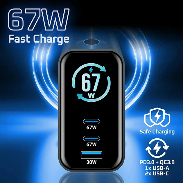 Зарядное устройство everActive GaN SC-670Q Pro, 1xUSB+2xUSB-С, QC3.0/PD/AFC/SCP 67W, LCD, AC220V, Box - Фото 9 Зарядное устройство everActive GaN SC-670Q Pro, 1xUSB+2xUSB-С, QC3.0/PD/AFC/SCP 67W, LCD, AC220V, Box - изображение 9