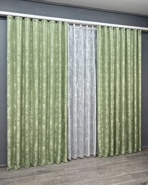 Комплект штор VR-Textil Жакард Мармур 100х270 2шт і Тюль 300х270 1147ш-1400т Світло-оливковий з білим 71-192/1 - Фото 3 Комплект штор VR-Textil Жакард Мармур 100х270 2шт і Тюль 300х270 1147ш-1400т Світло-оливковий з білим 71-192/1 - зображення 3
