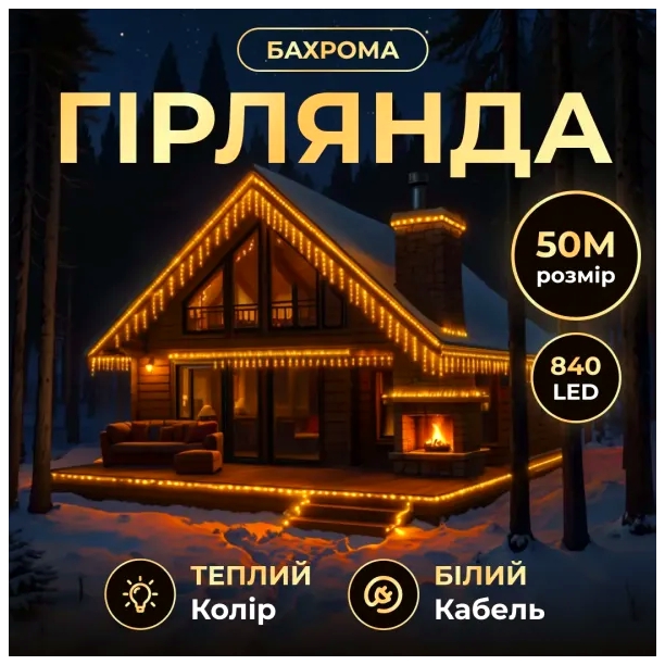 Гирлянда Бахрома 840 LED 50 м от сети для декора 164 линии белая нить HM-4708 - изображение 6