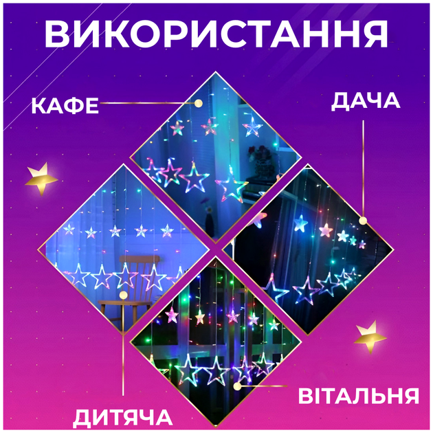 Гирлянда штора 108 LED 8 режимов для дома 6 больших и 6 маленьких звезд HM-0695 - изображение 7