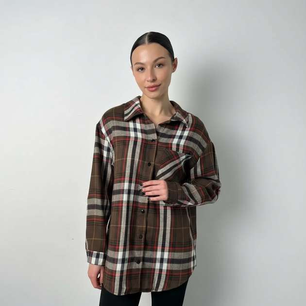 Сорочка жіноча фланель коричнево-біла клітинка, S;M - Фото 2 Сорочка жіноча фланель коричнево-біла клітинка, S;M - изображение 2