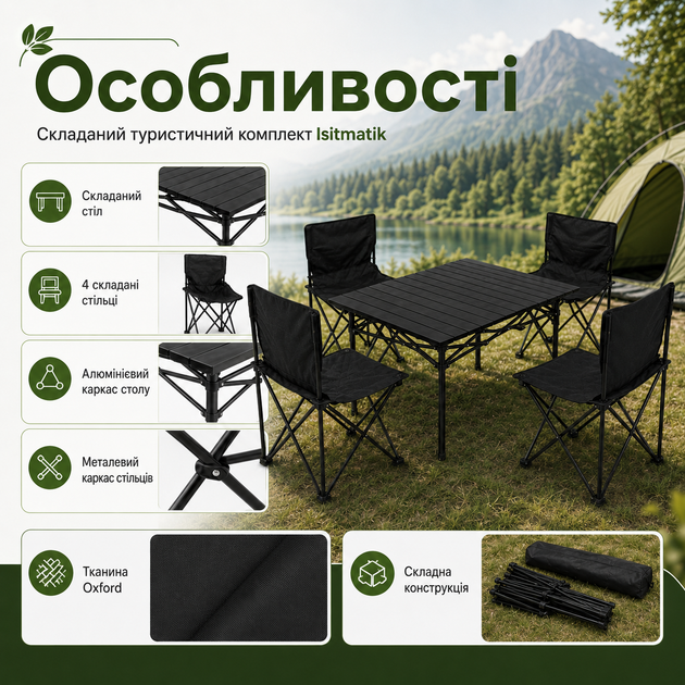 Складной туристический комплект Isitmatik со столом 120×55×50 см и четырьмя стульями 38×38×64 см, мебель для пикника, кемпинга, дачи, рыбалки, отдыха на природе, алюминиевый каркас, компактная конструкция для удобной транспортировки - Фото 5 Складной туристический комплект Isitmatik со столом 120×55×50 см и четырьмя стульями 38×38×64 см, мебель для пикника, кемпинга, дачи, рыбалки, отдыха на природе, алюминиевый каркас, компактная конструкция для удобной транспортировки - изображение 5