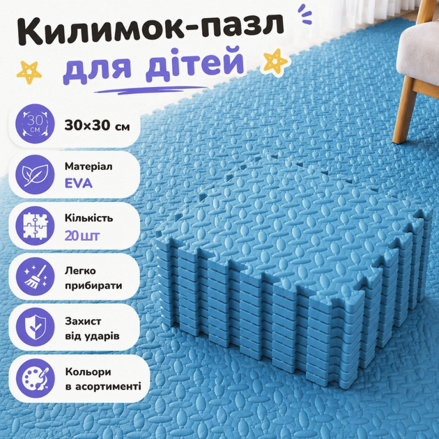 Килимок-пазл 120х150см 20 пазлів м'який килимок з ЕВА тепла підлога,термокилимок для дому, у дитячу кімнату,без покриття блакитний Mat_Eva_20_30*30_Blue - Фото 1 Килимок-пазл 120х150см 20 пазлів м'який килимок з ЕВА тепла підлога,термокилимок для дому, у дитячу кімнату,без покриття блакитний Mat_Eva_20_30*30_Blue - зображення 1