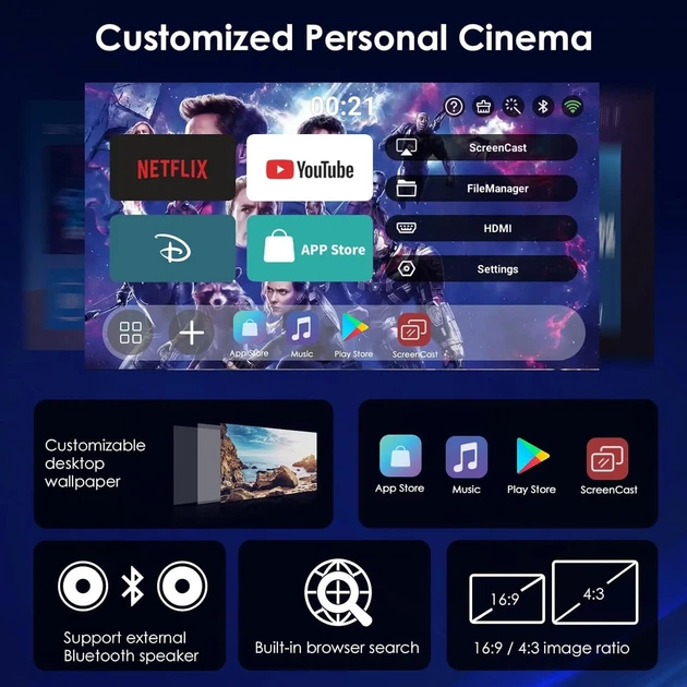 Проектор WOLFANG WP05 Full HD Wi-Fi Bluetooth Android (102211936) - Фото 2 Проектор WOLFANG WP05 Full HD Wi-Fi Bluetooth Android (102211936) - зображення 2