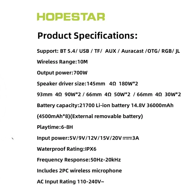 Портативная колонка Bluetooth Hopestar A90 PRO с 2-мя микрофонами 700W Black - изображение 2