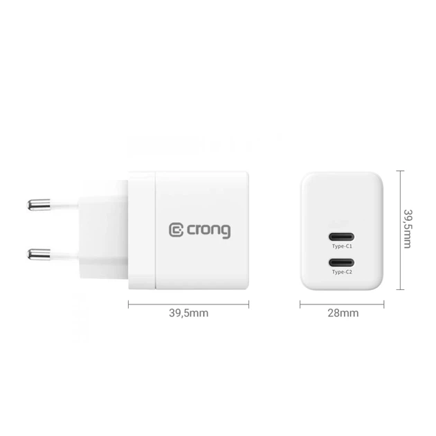 Мережевий зарядний пристрій Crong Ultra Compact GaN 2x USB-C 35W PD 3.0 White (5904310702225) - зображення 4