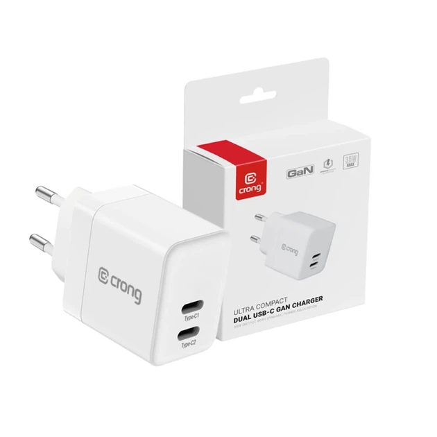 Мережевий зарядний пристрій Crong Ultra Compact GaN 2x USB-C 35W PD 3.0 White (5904310702225) - зображення 9