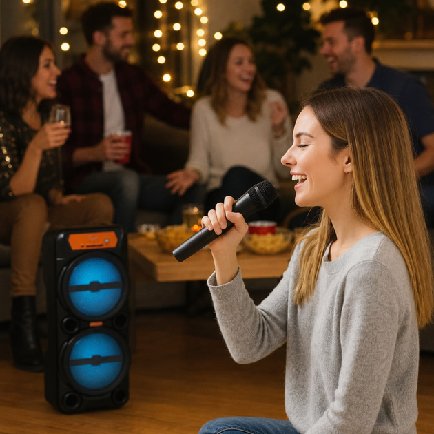 Портативна Bluetooth-колонка GTS-1880 з двома 8" динаміками та бездротовим мікрофоном, 50 Вт, чорна - зображення 4