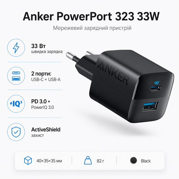 Сетевое зарядное устройство Anker PowerPort 323 33W USB-C USB-A PD 3.0 PowerIQ Black (A2331G11) - изображение 2