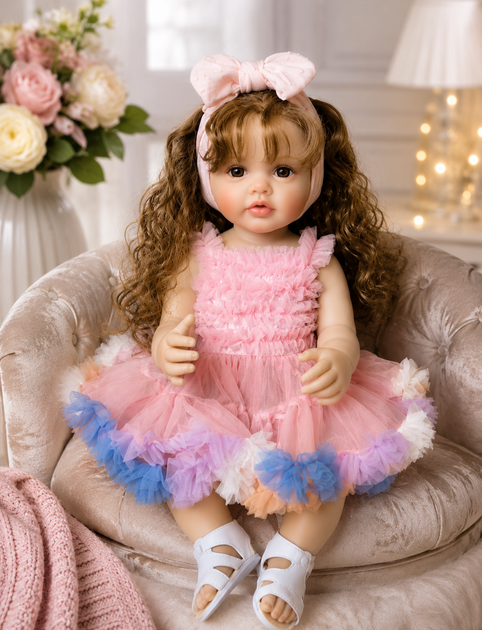 Лялька Reborn Baby Doll Monika 55 см вінілова дівчинка з кучерявим волоссям та аксесуарами, можна купати - изображение 6
