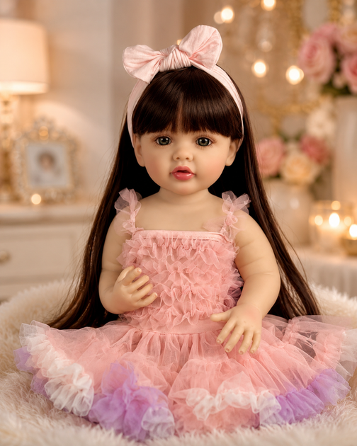 Реалістична лялька Reborn Baby Doll Victoria 55 см — вінілова дівчинка з довгим темним волоссям та аксесуарами, можна купати (RB086) - зображення 2