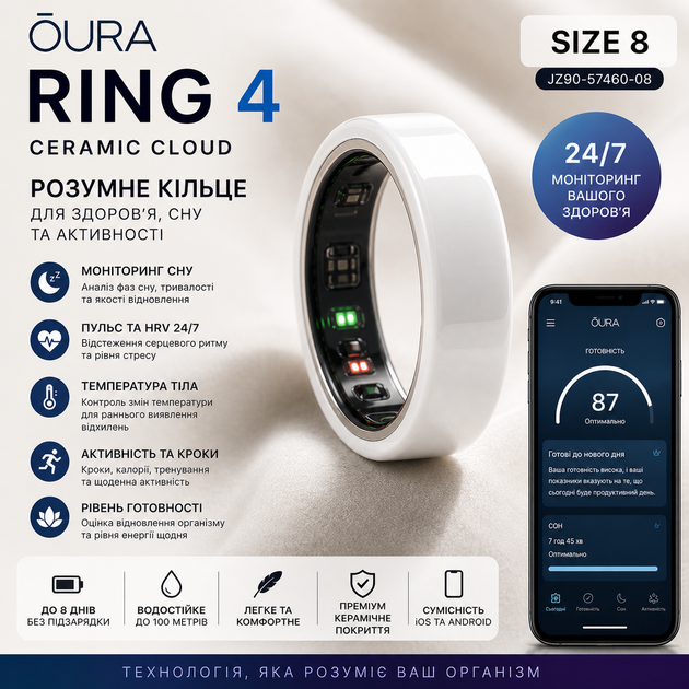 Смарт-кільце Oura Ring 4 Ceramic Cloud Size 8 Трекер сну, активності та здоров'я Smart Ring - изображение 2