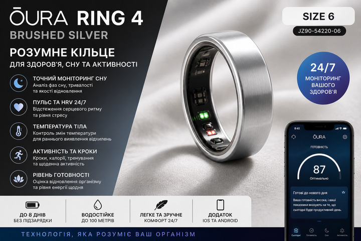 Смарт-кільце Oura Ring 4 Brushed Silver Size 6 Розумне кільце для контролю сну, пульсу та здоров'я - изображение 3