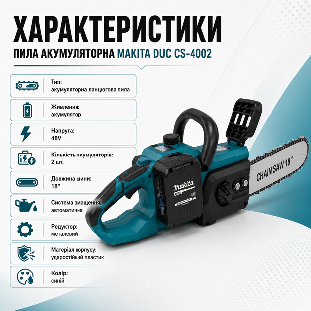 Акумуляторна ланцюгова пила Makita 18" 48V з автоматичним змащенням ланцюга, 2 акумулятори, металевий редуктор, шина 18 дюймів, бездротова електропила для обрізки дерев, заготівлі дров, садових, будівельних і монтажних робіт - Фото 3 Акумуляторна ланцюгова пила Makita 18" 48V з автоматичним змащенням ланцюга, 2 акумулятори, металевий редуктор, шина 18 дюймів, бездротова електропила для обрізки дерев, заготівлі дров, садових, будівельних і монтажних робіт - зображення 3