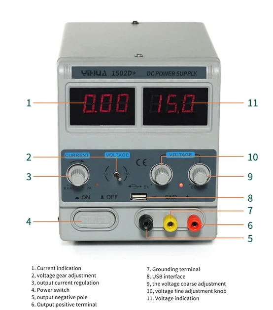 Лабораторный блок питания Yihua 1502D+ Трансформаторный / 15V / 2A / 50W + USB, цифровая индикация напряжения и тока (19465) - Фото 5 Лабораторный блок питания Yihua 1502D+ Трансформаторный / 15V / 2A / 50W + USB, цифровая индикация напряжения и тока (19465) - изображение 5