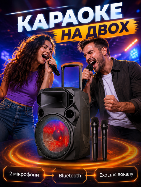 Портативная колонка с двумя микрофонами и поддержкой Bluetooth для караоке с LED-подсветкой и аккумулятором на 10 часов работы - изображение 2