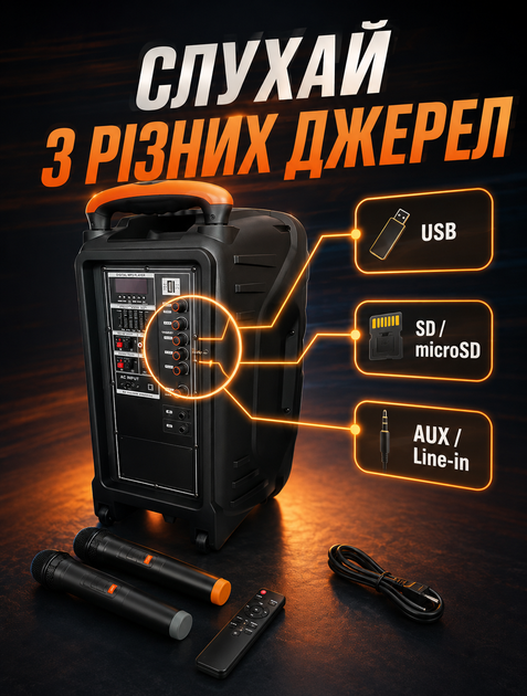 Портативная колонка с двумя микрофонами и поддержкой Bluetooth для караоке с LED-подсветкой и аккумулятором на 10 часов работы - изображение 5