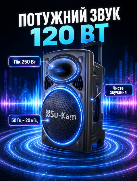 Портативная акустическая система с Bluetooth и FM-радио для караоке с 2 микрофонами и аккумулятором на 8-10 часов - изображение 6