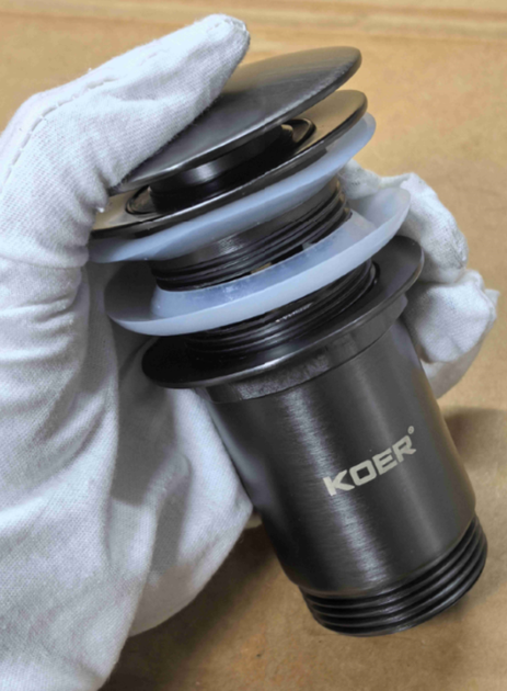 Донный клапан для раковины с переливом KOER PW-07-07 автоматический (Click-Clack) (Цвет графитовый) 1 1/4'' (KR6483) - Фото 2 Донный клапан для раковины с переливом KOER PW-07-07 автоматический (Click-Clack) (Цвет графитовый) 1 1/4'' (KR6483) - изображение 2