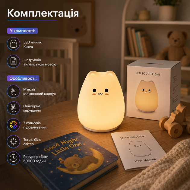 LED ночник Котик сенсорный силиконовый с 7 цветами теплым светом и мягким корпусом - изображение 2