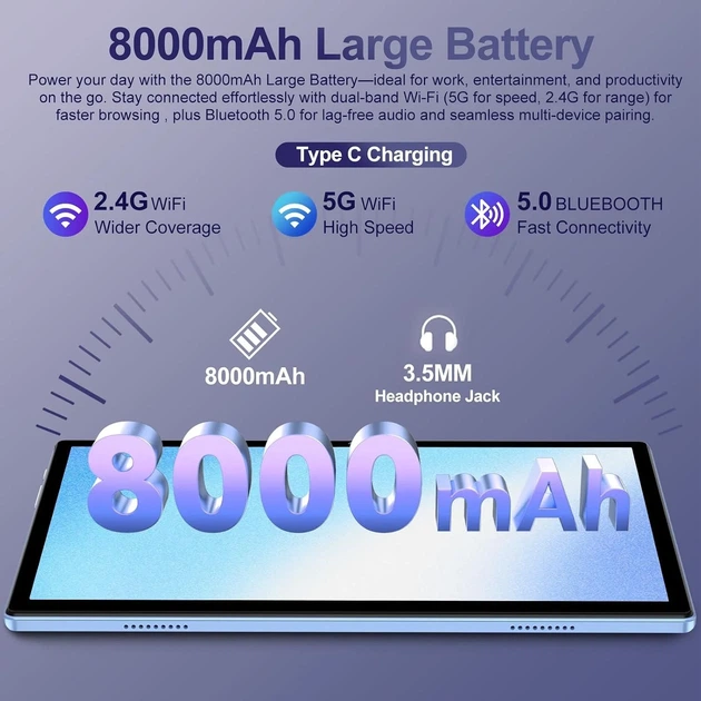 Планшет 10.1" ZIOVO Z168 8+22/128Gb 8 ядер Android 15 8000 mAh Голубой (102185005) - изображение 7
