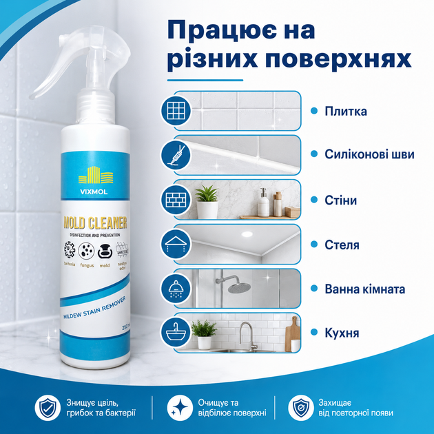 Средство для удаления грибков и плесени Mold cleaner Vixmol Суперспрей против плесени и грибка 250 мл Средство от плесени и грибка - Фото 8 Средство для удаления грибков и плесени Mold cleaner Vixmol Суперспрей против плесени и грибка 250 мл Средство от плесени и грибка - изображение 8
