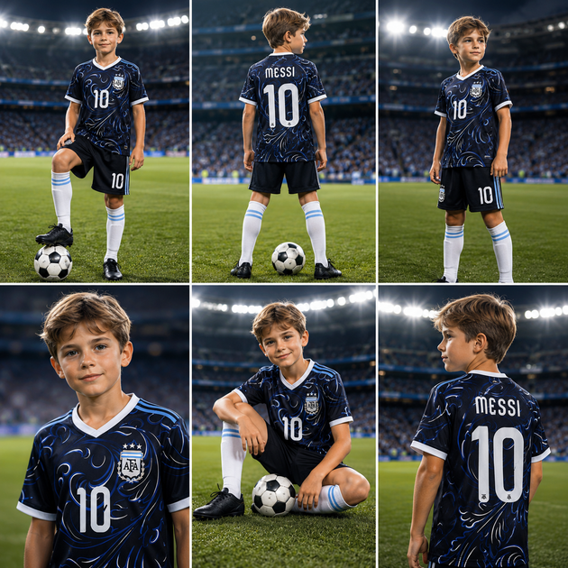 Форма футбольна дитяча Argentina 2026 Messi 10 чорна синя комплект футболка та шорти розмір 20 — зріст 110–120 см - изображение 4