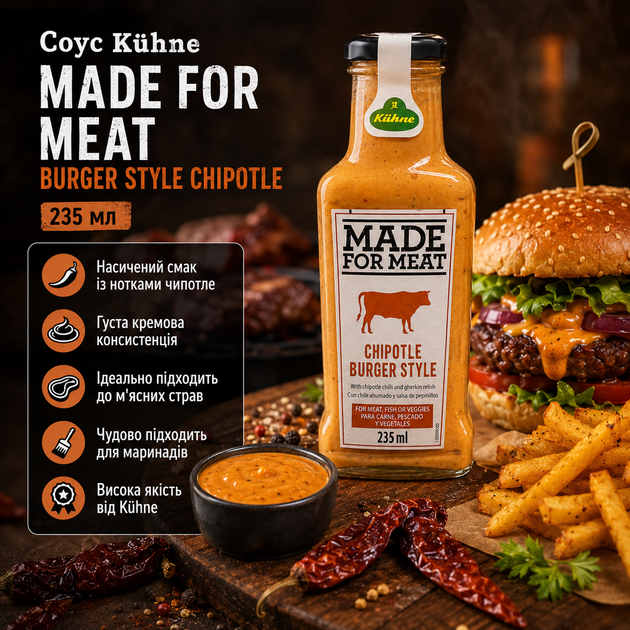 Соус барбекю Kühne Made For Meat Chipotle Burger Style 235 мл для бургерів мяса сендвічів картоплі закусок і маринаду - Фото 2 Соус барбекю Kühne Made For Meat Chipotle Burger Style 235 мл для бургерів мяса сендвічів картоплі закусок і маринаду - зображення 2