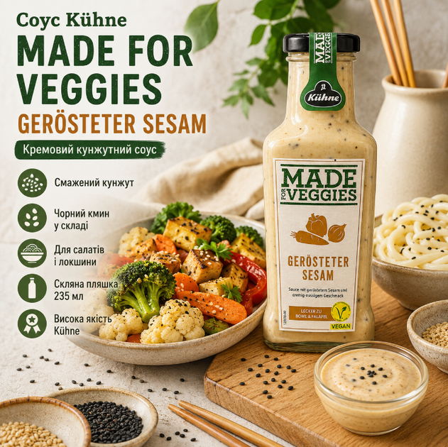 Соус кунжутний Kühne Made For Veggies Gerösteter Sesam 235 мл для овочів салатів боулів фалафелю зі смаженим кунжутом - Фото 1 Соус кунжутний Kühne Made For Veggies Gerösteter Sesam 235 мл для овочів салатів боулів фалафелю зі смаженим кунжутом - зображення 1