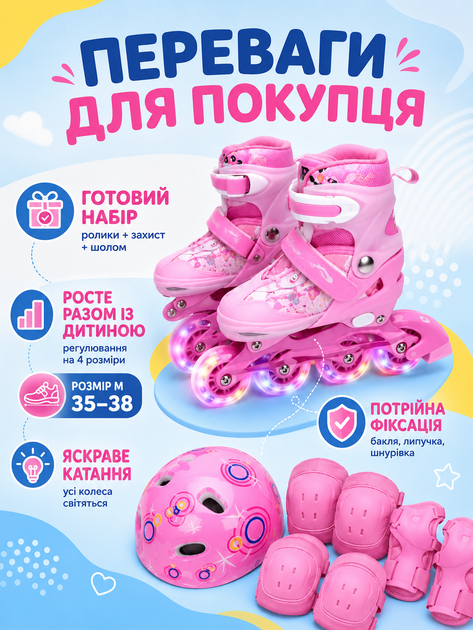 Набор детских роликов для девочки М 35-38 с защитой и шлемом, раздвижные роликовые коньки для начинающих розовые (49676198) - изображение 2