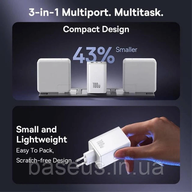 Зарядное устройство Baseus EnerFill 100 Вт 3 порта Белый (P10182102213-00) - изображение 7