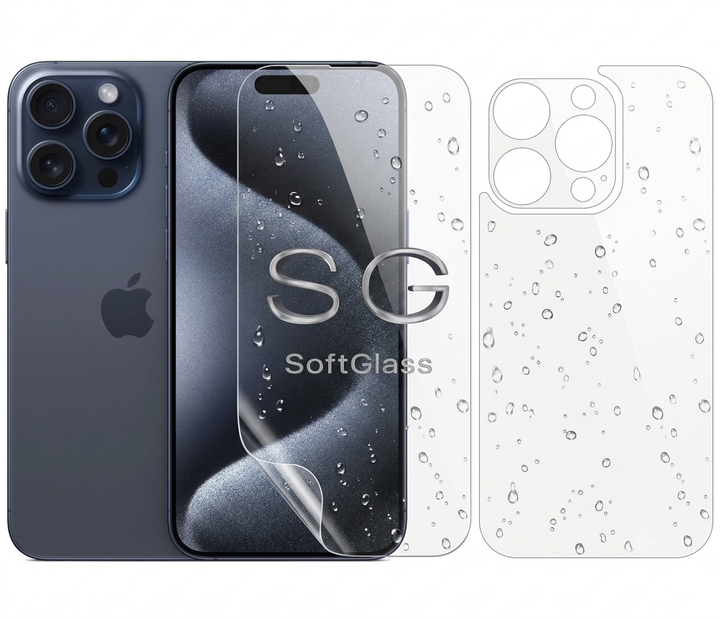 Бронепленка для Apple iPhone 15 Pro комплект: для передней и задней панели износоустойчивая полиуретановая SoftGlass - Фото 1 Бронепленка для Apple iPhone 15 Pro комплект: для передней и задней панели износоустойчивая полиуретановая SoftGlass - изображение 1