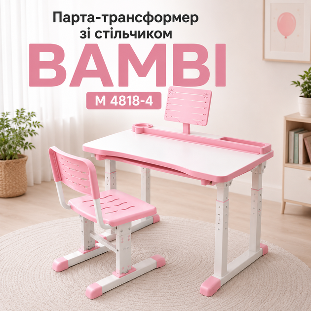 Парта-трансформер зі стільчиком BAMBI M 4818-4 рожева з регулюванням висоти, нахилом стільниці до 50°, висувною підставкою для книг, ящиком-органайзером, гачком для портфеля - Фото 1 Парта-трансформер зі стільчиком BAMBI M 4818-4 рожева з регулюванням висоти, нахилом стільниці до 50°, висувною підставкою для книг, ящиком-органайзером, гачком для портфеля - зображення 1